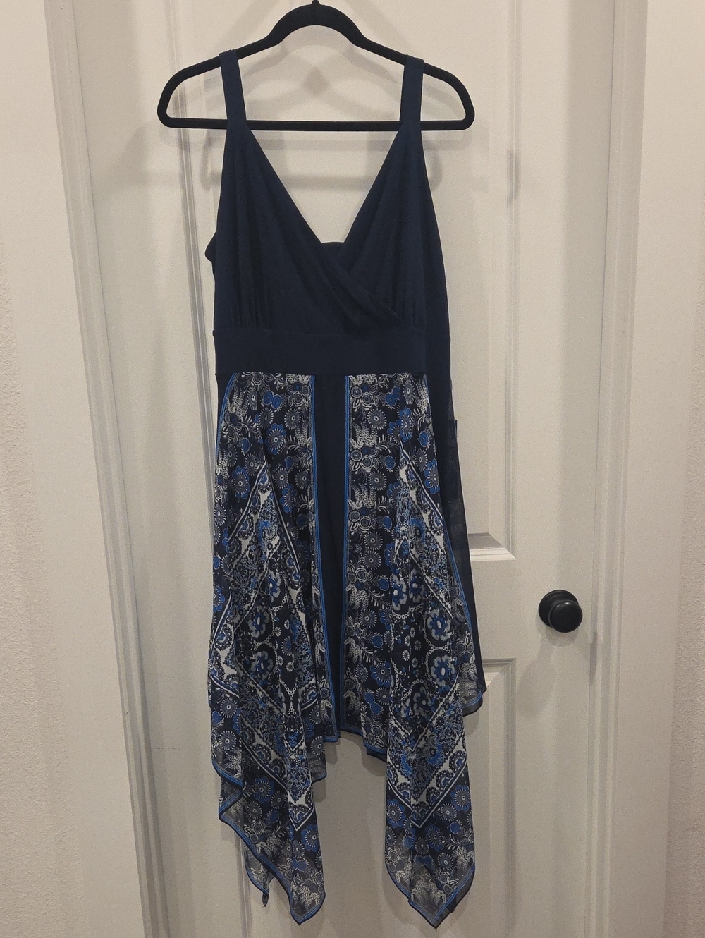 Avenue Navy Blue High-Low Dress with Printed Handkerchief Skirt